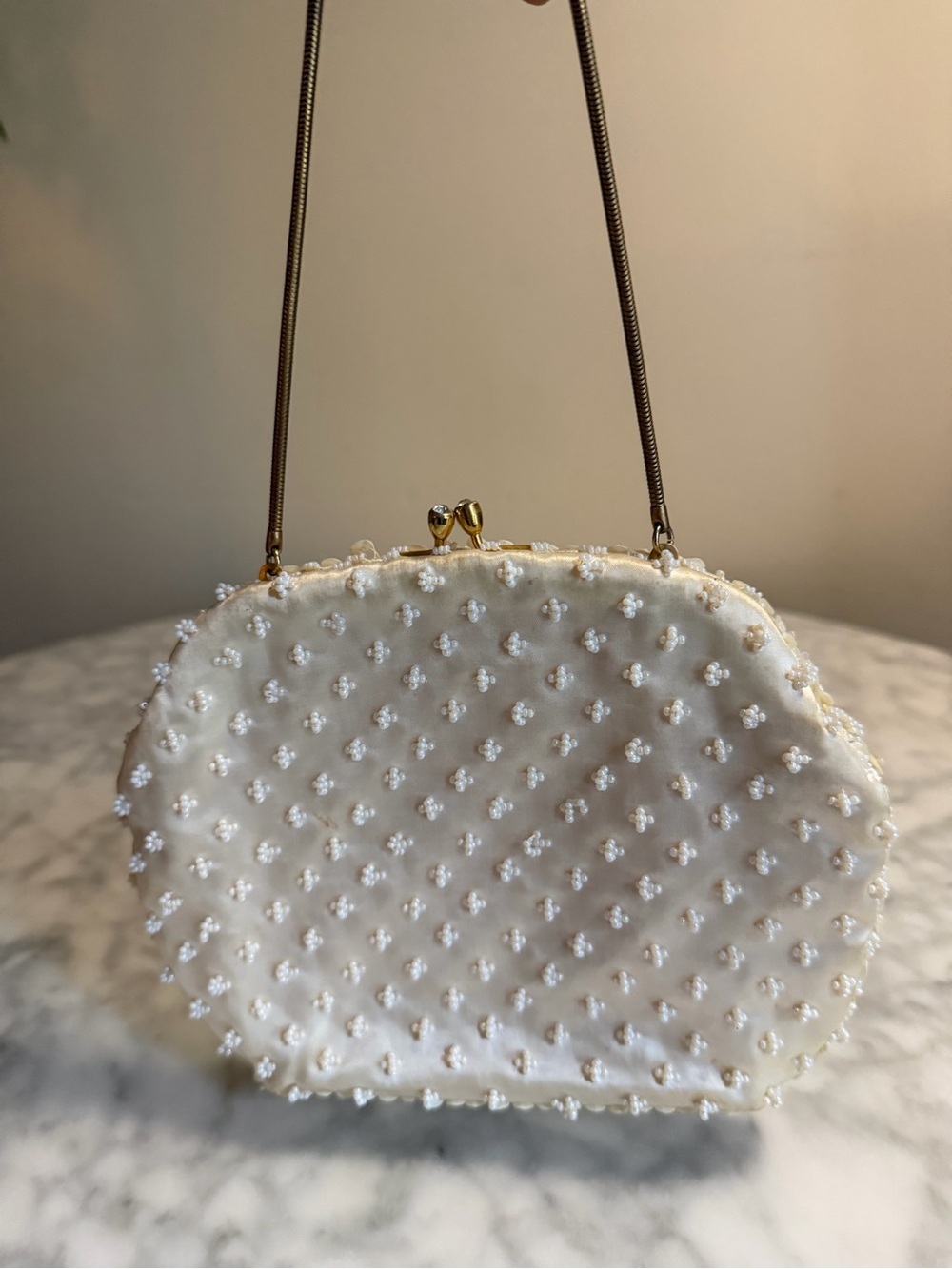 Small Vintage White Beaded Evening Clutch Handbag Purse Classic Bridal Heirloom